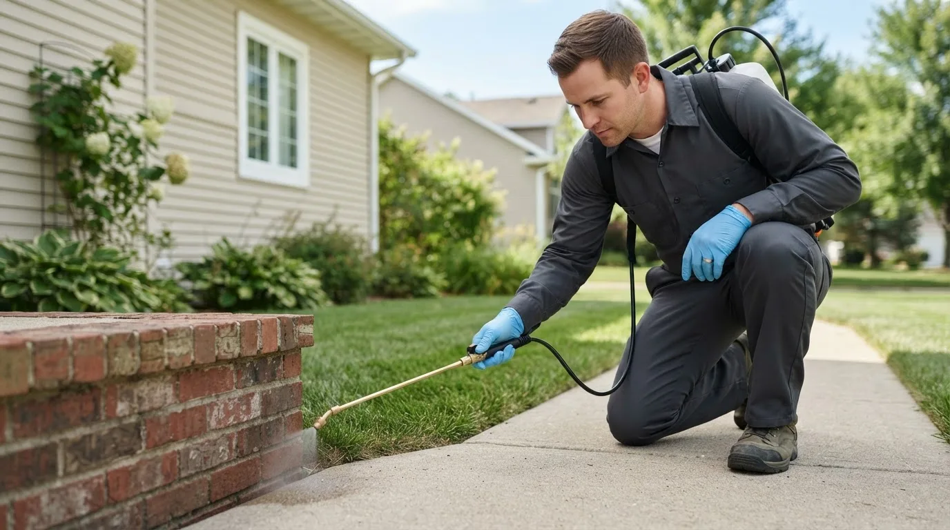 Pest control technician treating a home near Hico, TX