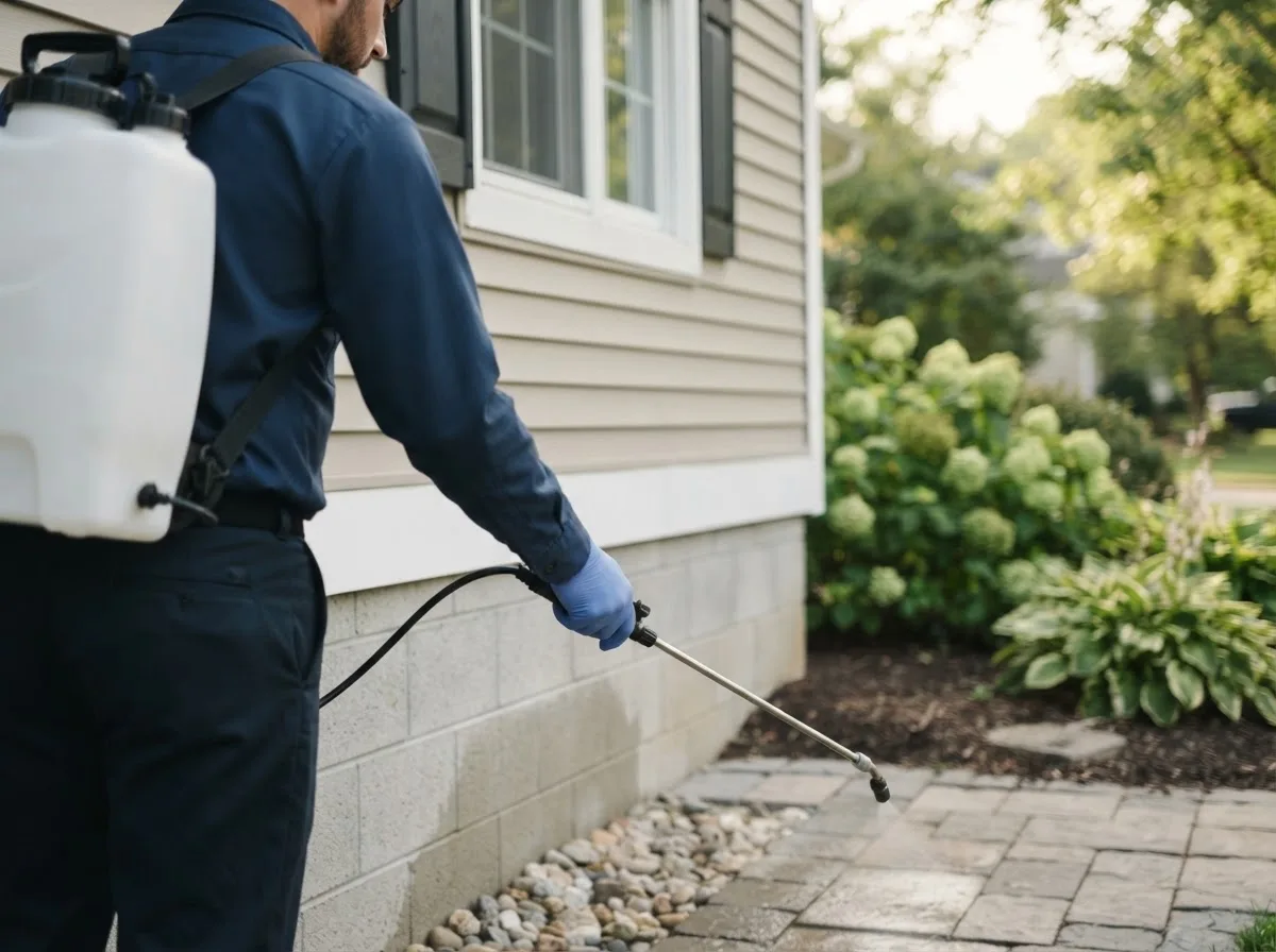 Pest control technician inspecting a home in Hico, TX